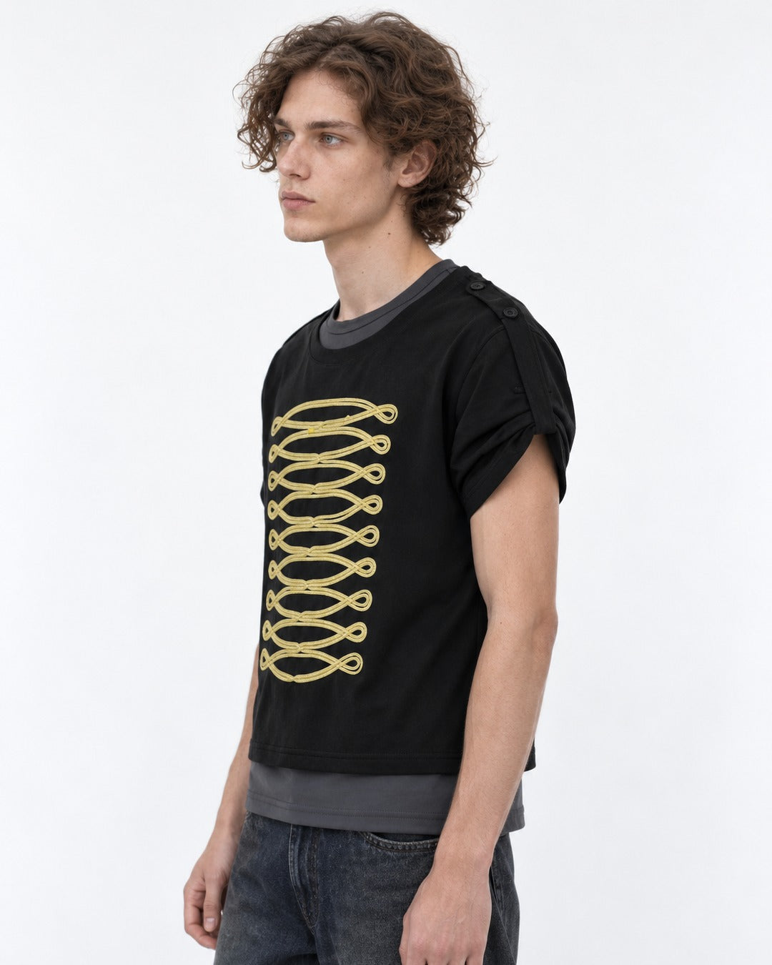 Tee with Gold Chain-Embroidered Panel