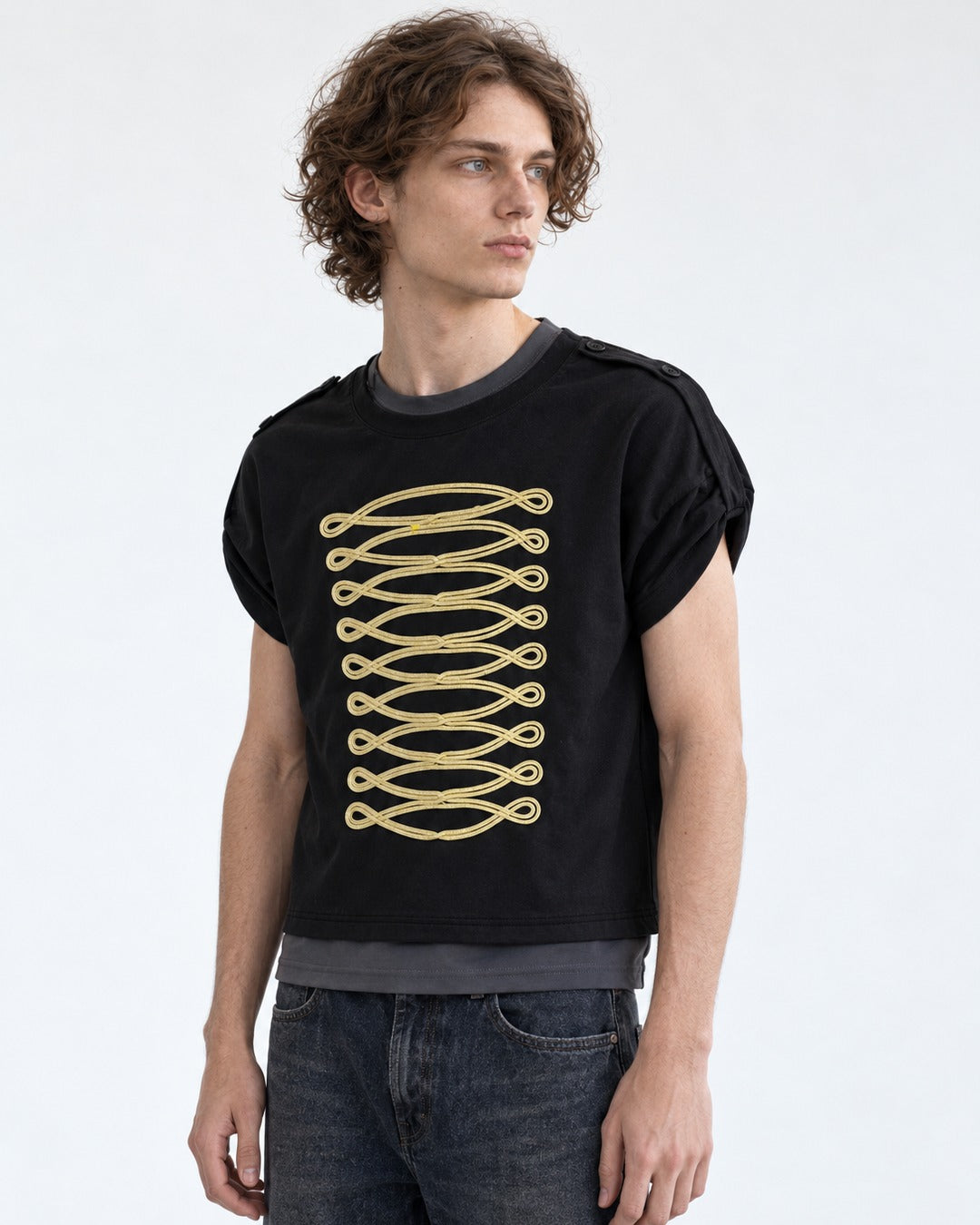 Tee with Gold Chain-Embroidered Panel