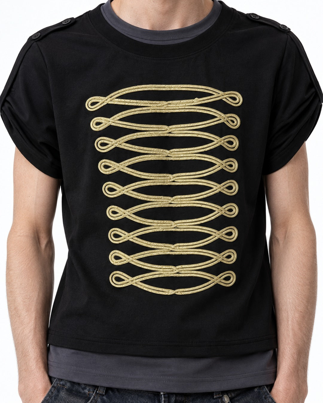 Tee with Gold Chain-Embroidered Panel