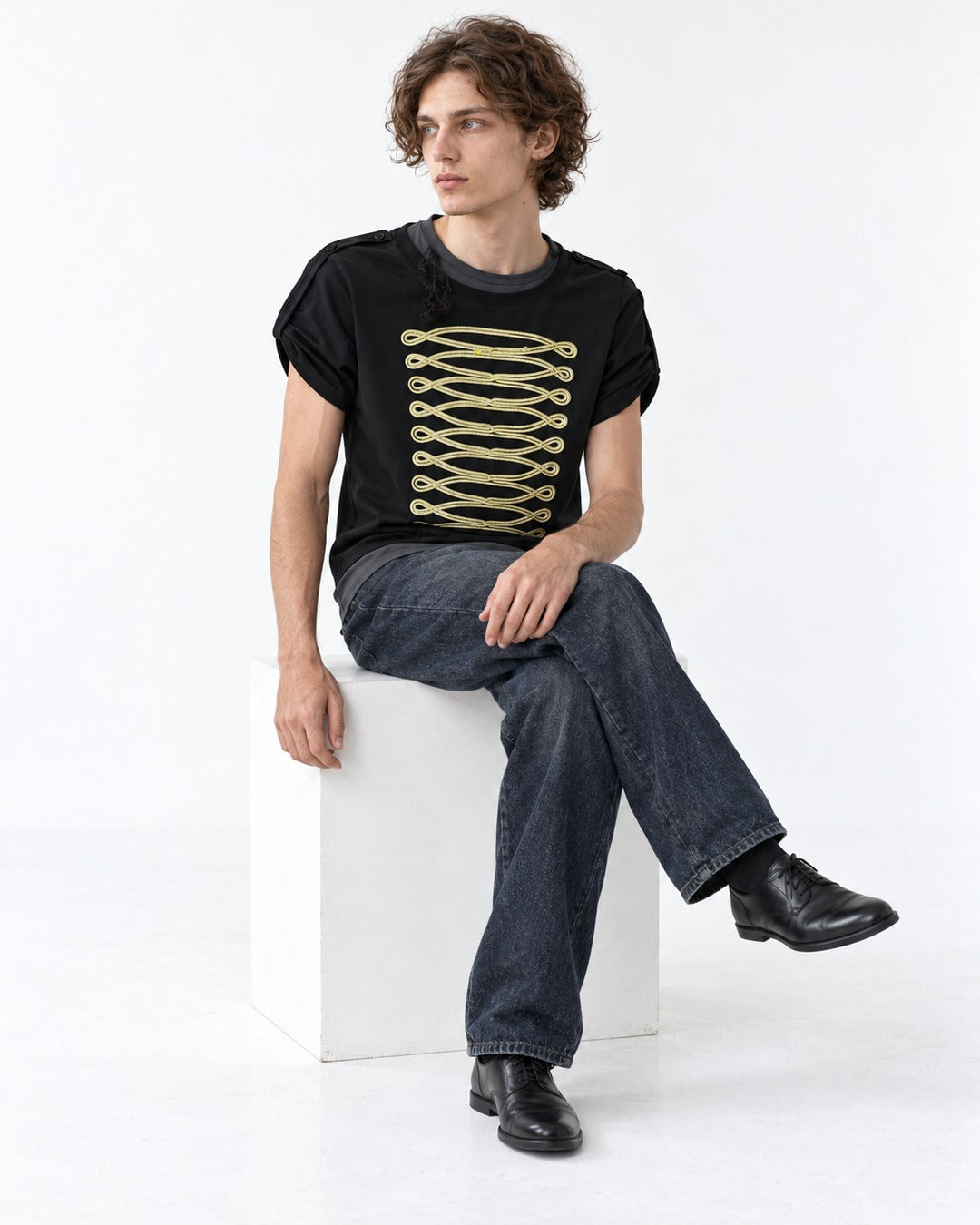 Tee with Gold Chain-Embroidered Panel