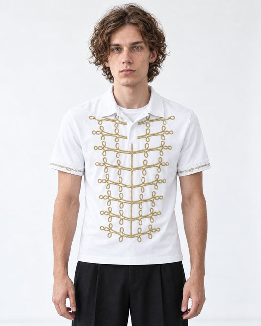 Polo with Gold Chain-Embroidered Placket
