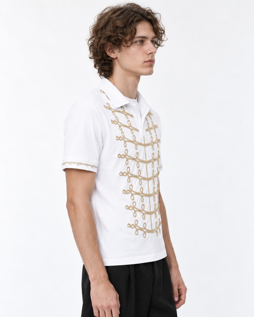 Polo with Gold Chain-Embroidered Placket