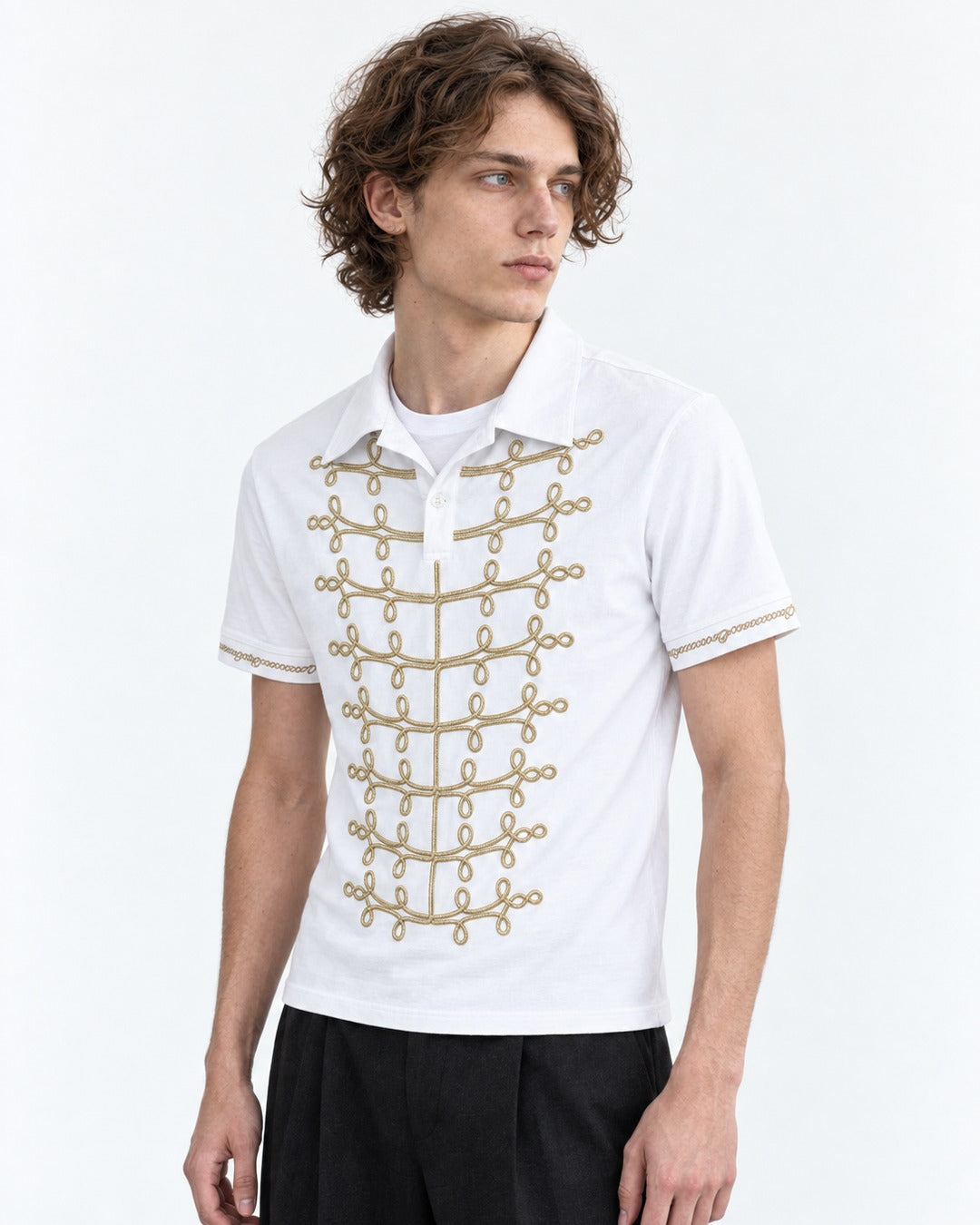 Polo with Gold Chain-Embroidered Placket