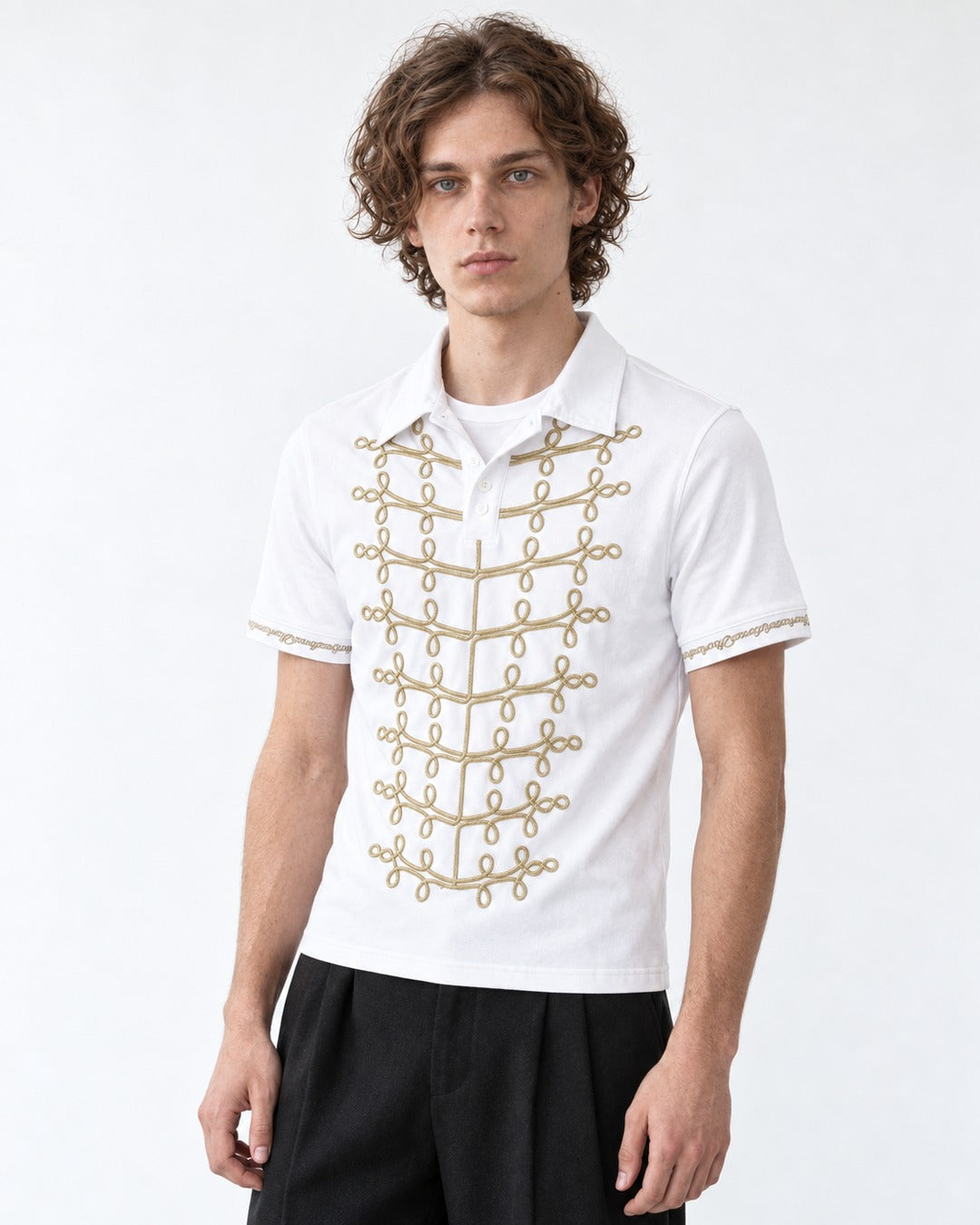 Polo with Gold Chain-Embroidered Placket