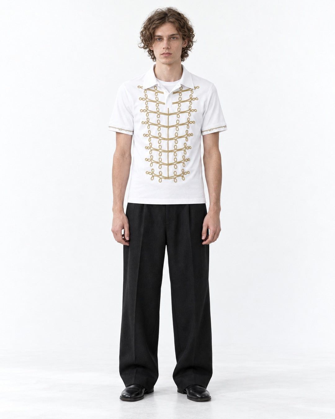 Polo with Gold Chain-Embroidered Placket