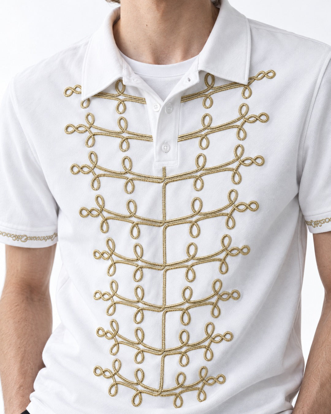 Polo with Gold Chain-Embroidered Placket