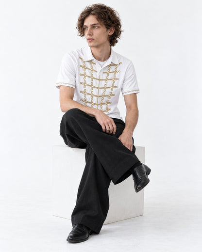 Polo with Gold Chain-Embroidered Placket