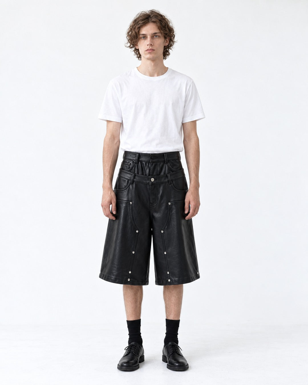 Studded Wide-Leg Shorts with Double Waistband