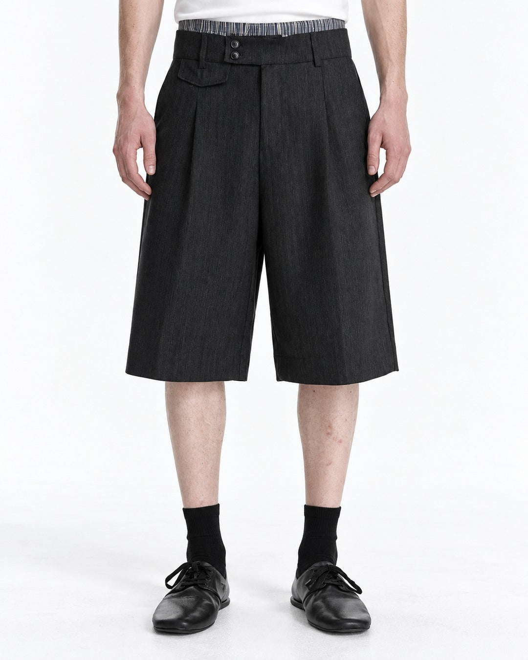 Pleated Dress Shorts with Striped Waistband