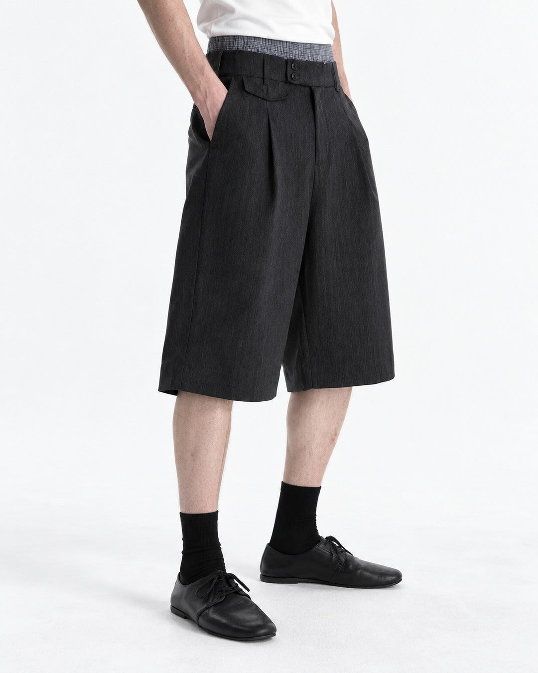 Pleated Dress Shorts with Striped Waistband