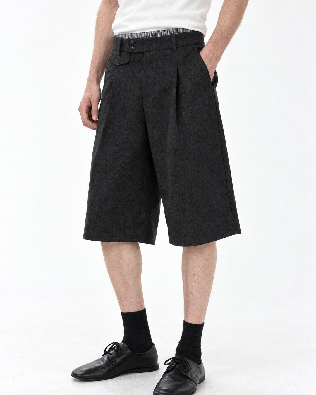 Pleated Dress Shorts with Striped Waistband