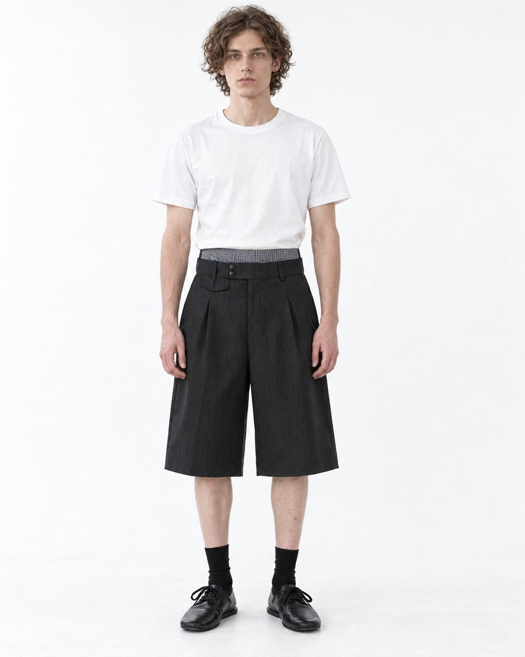 Pleated Dress Shorts with Striped Waistband