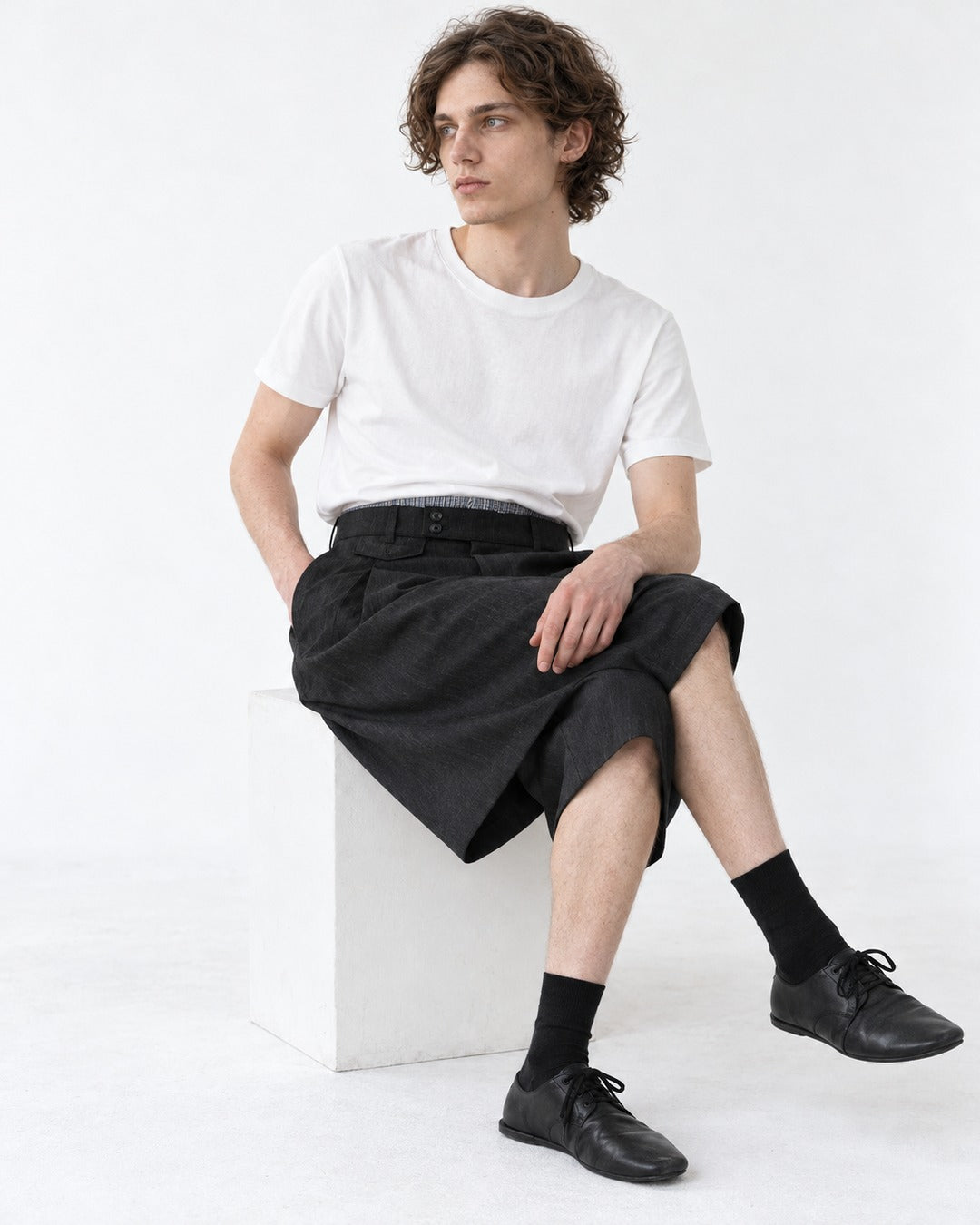 Pleated Dress Shorts with Striped Waistband