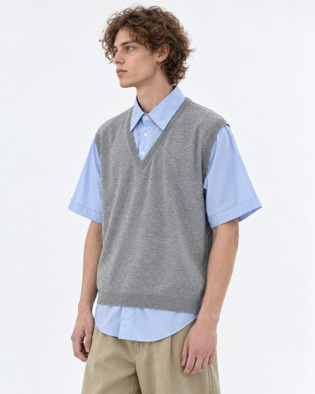 Layered-Look Sweater Vest with Shirt