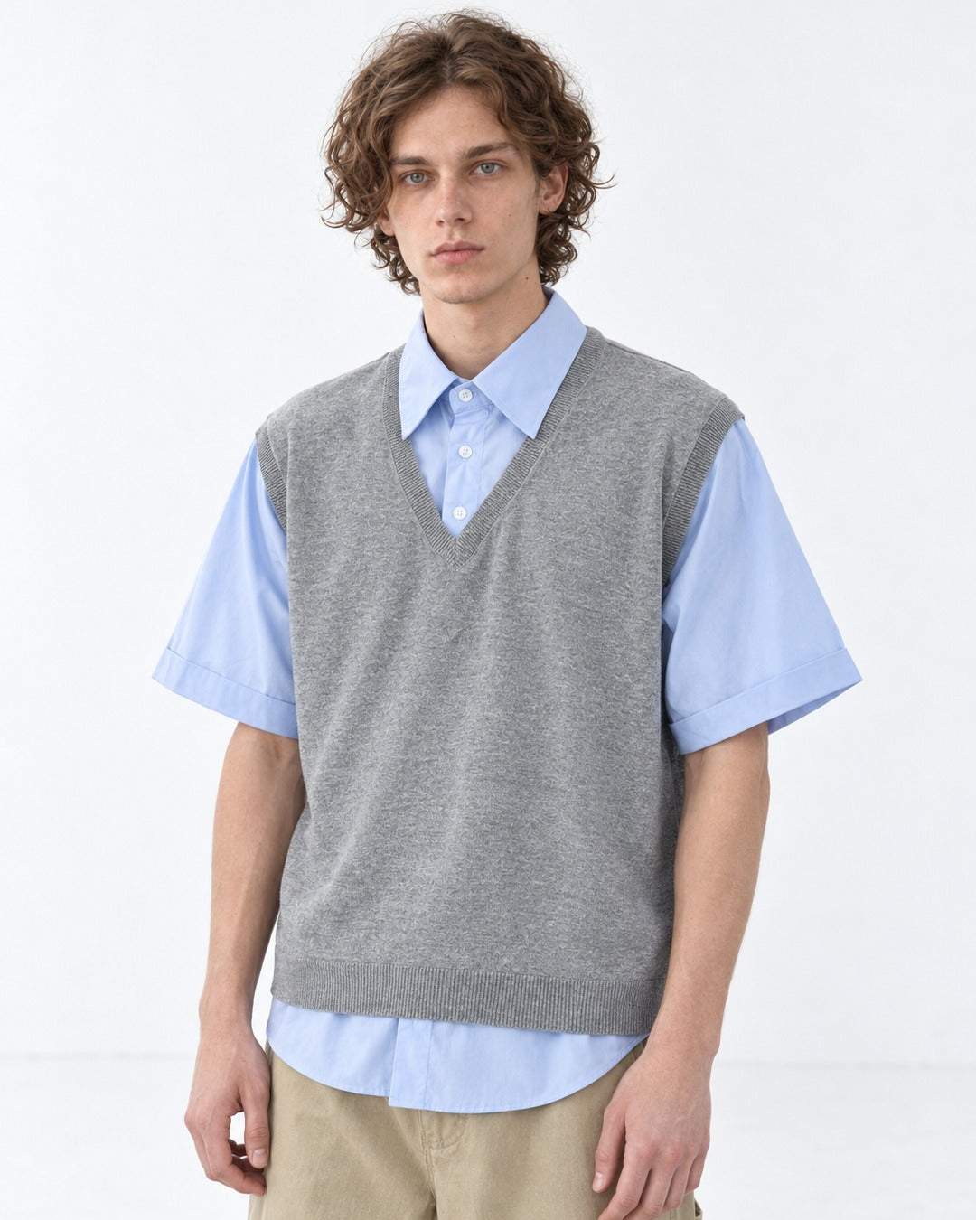Layered-Look Sweater Vest with Shirt