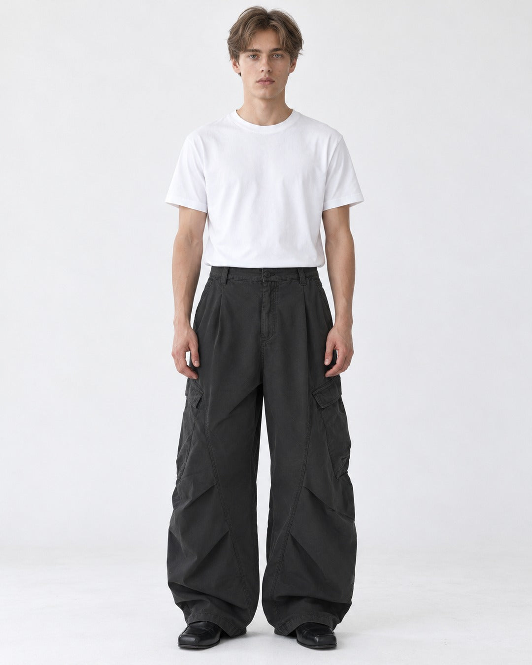 Pleated Cocoon-Leg Cargo Pants