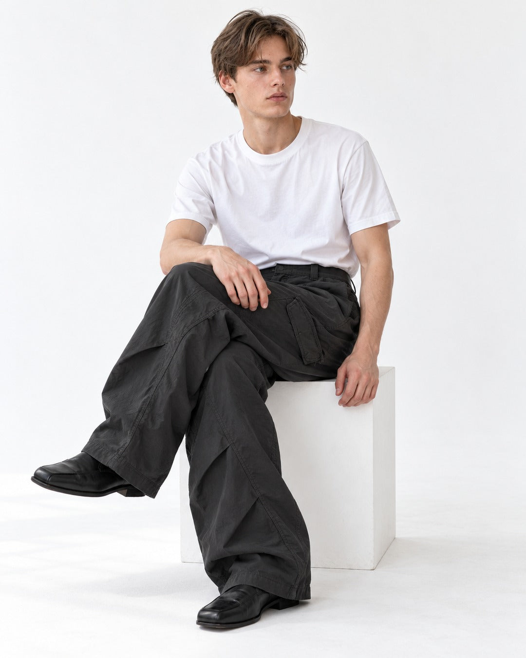 Pleated Cocoon-Leg Cargo Pants