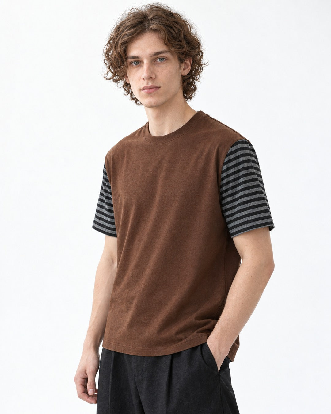 Striped-Sleeve Color-Block T-Shirt