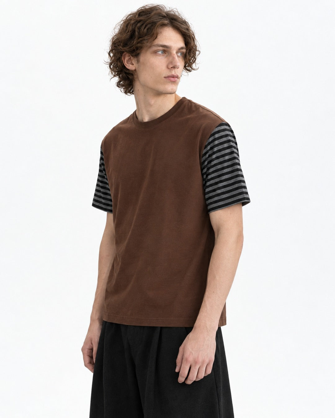 Striped-Sleeve Color-Block T-Shirt