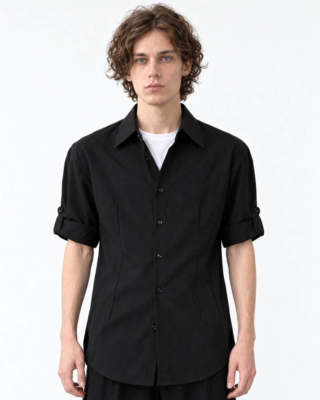 Point-Collar Roll-Tab Short Sleeve Shirt