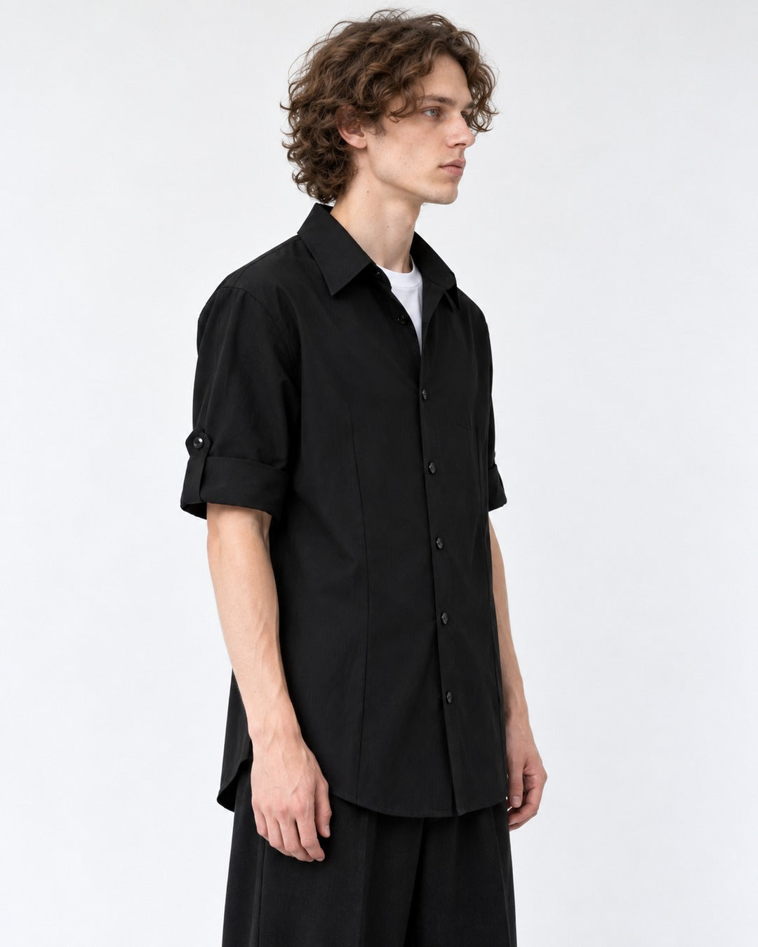Point-Collar Roll-Tab Short Sleeve Shirt