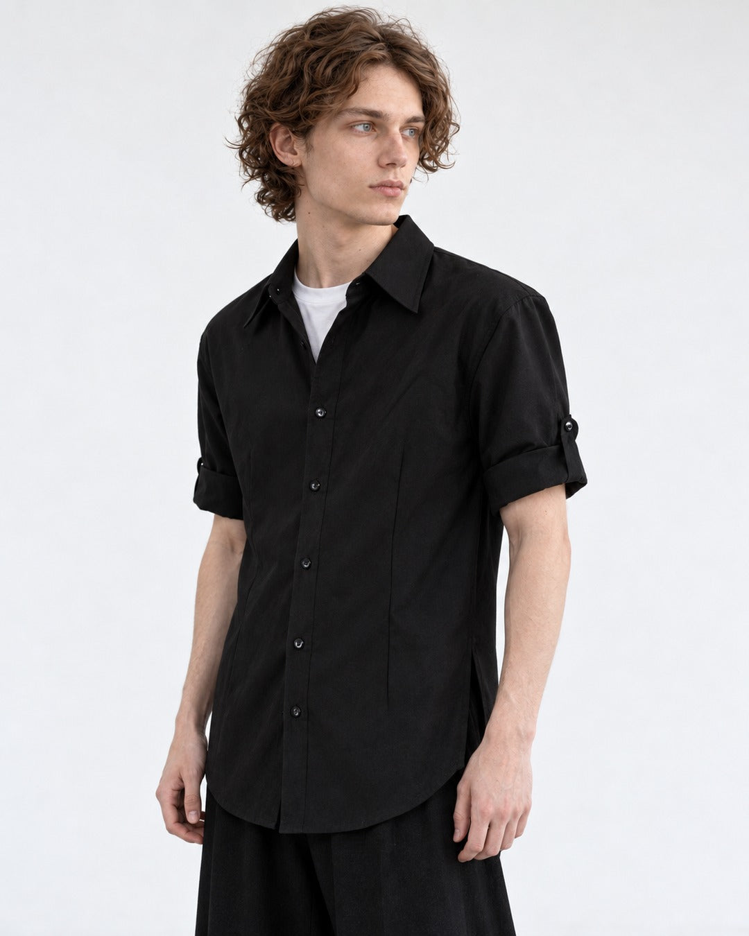 Point-Collar Roll-Tab Short Sleeve Shirt