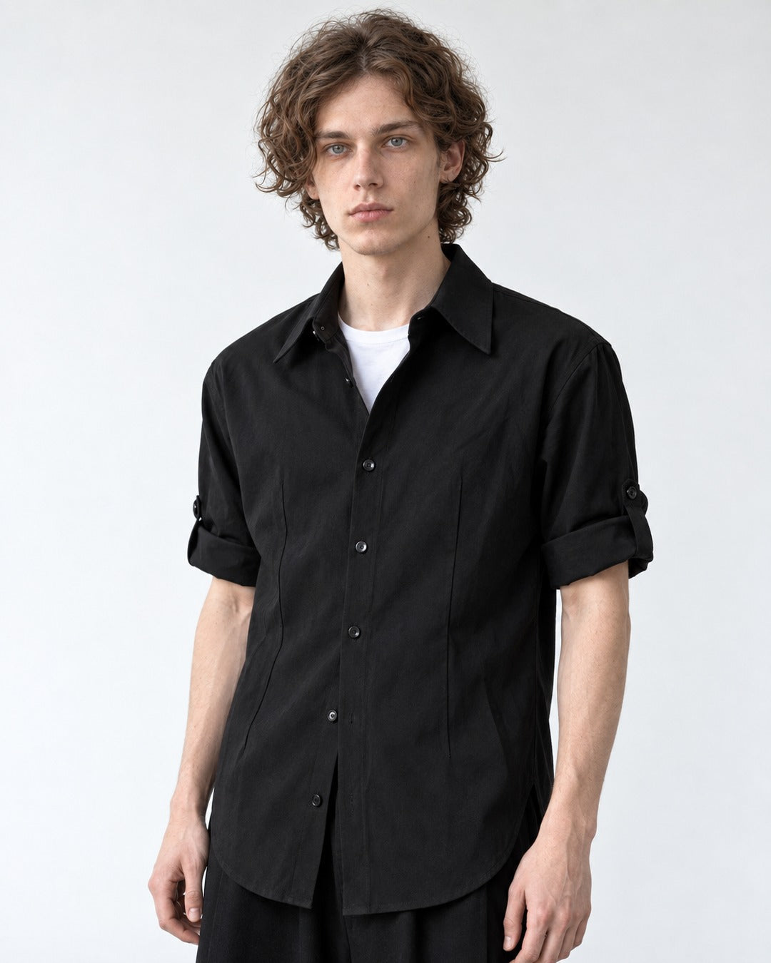 Point-Collar Roll-Tab Short Sleeve Shirt