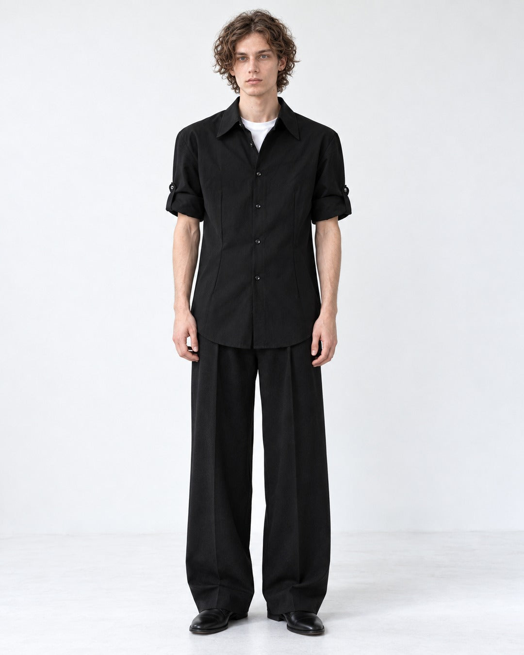 Point-Collar Roll-Tab Short Sleeve Shirt