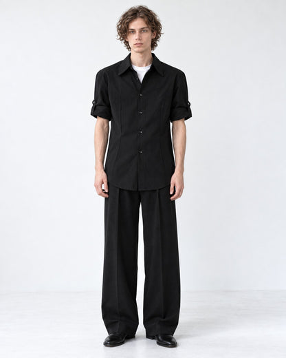 Point-Collar Roll-Tab Short Sleeve Shirt