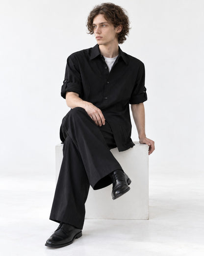 Point-Collar Roll-Tab Short Sleeve Shirt