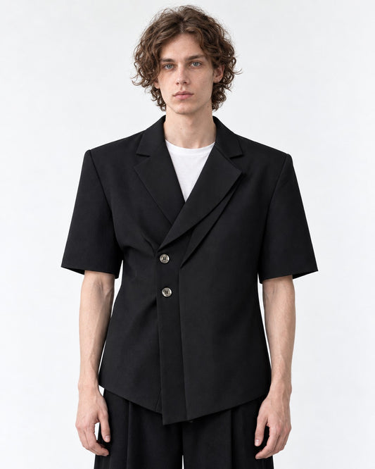 Short-Sleeve Asymmetric-Lapel Blazer