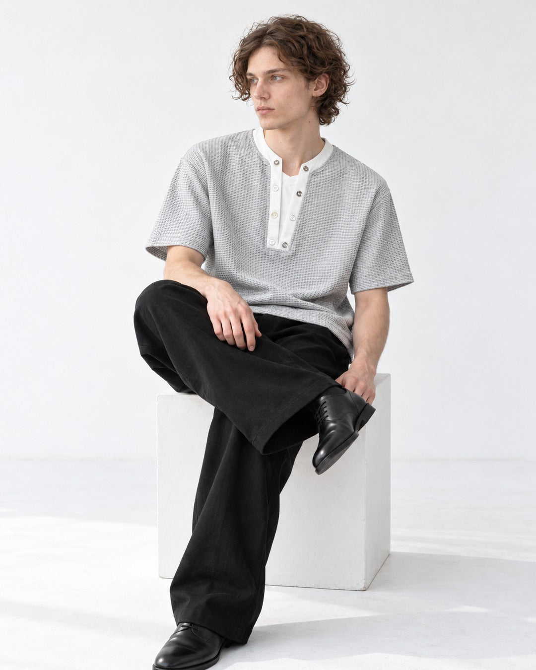 Waffle-Knit Henley Top