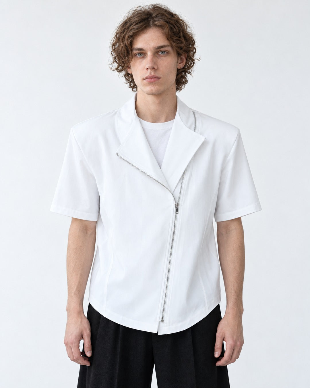 Diagonal-Zip Notch-Lapel Shirt