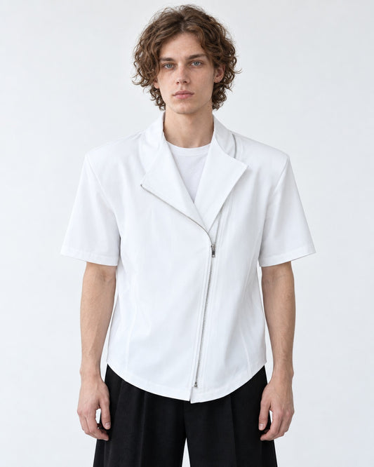 Diagonal-Zip Notch-Lapel Shirt