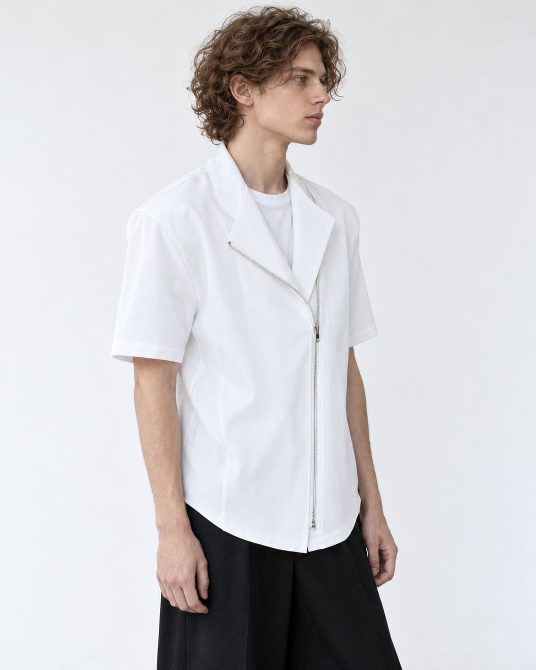 Diagonal-Zip Notch-Lapel Shirt