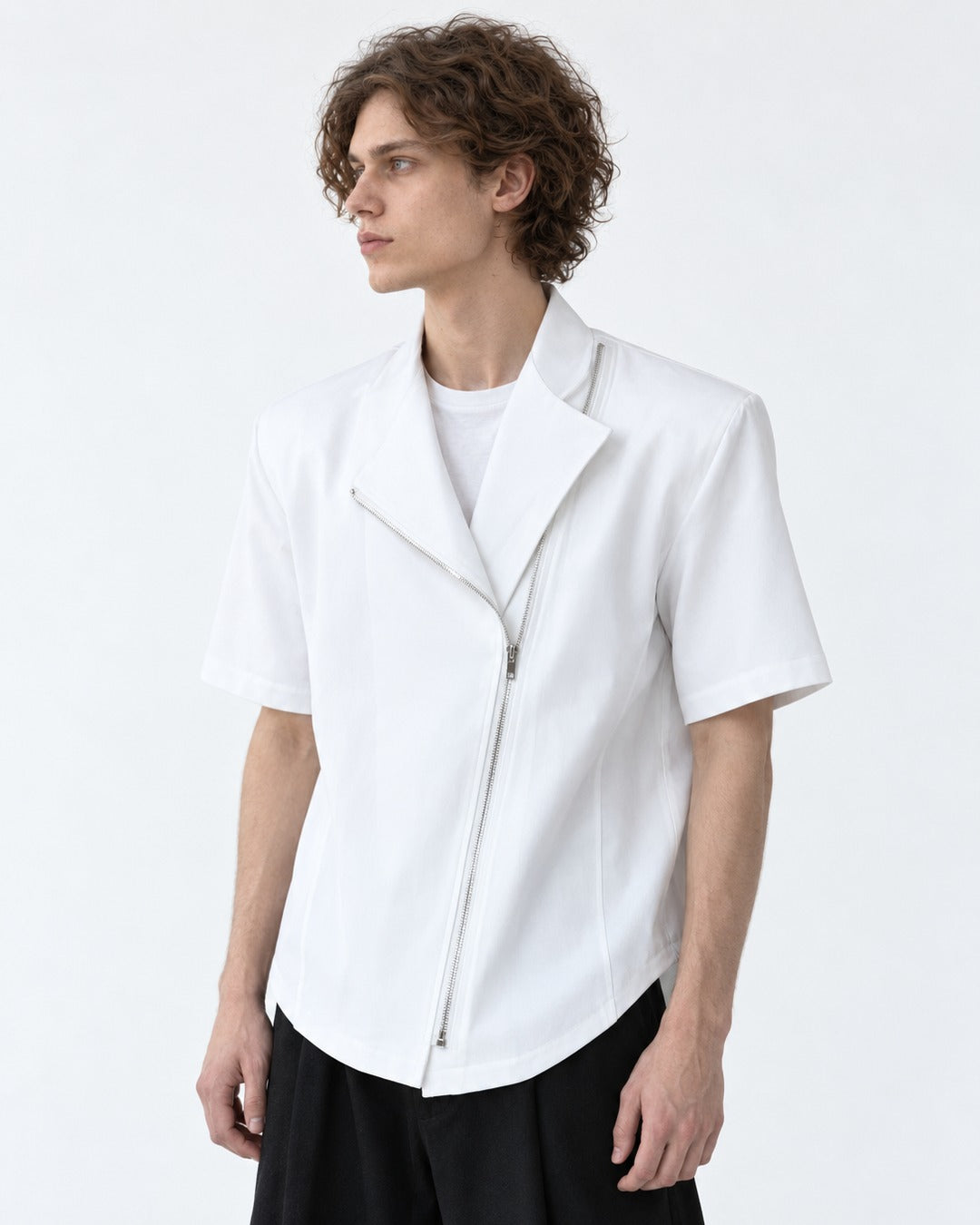 Diagonal-Zip Notch-Lapel Shirt