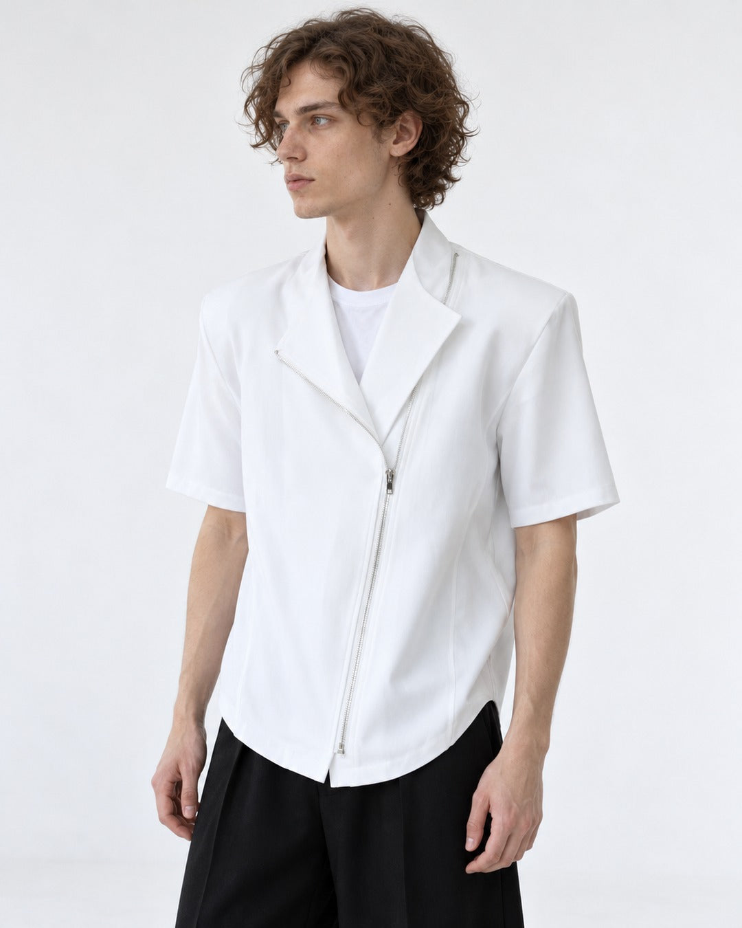 Diagonal-Zip Notch-Lapel Shirt