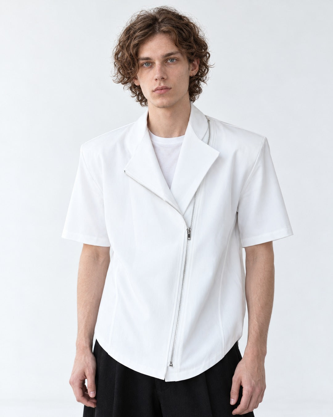 Diagonal-Zip Notch-Lapel Shirt