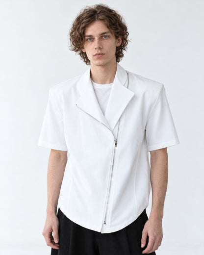Diagonal-Zip Notch-Lapel Shirt