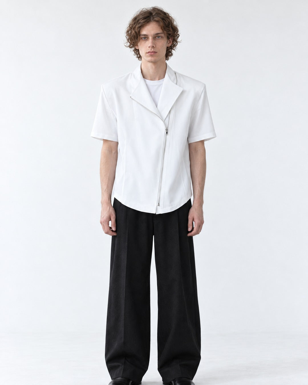 Diagonal-Zip Notch-Lapel Shirt