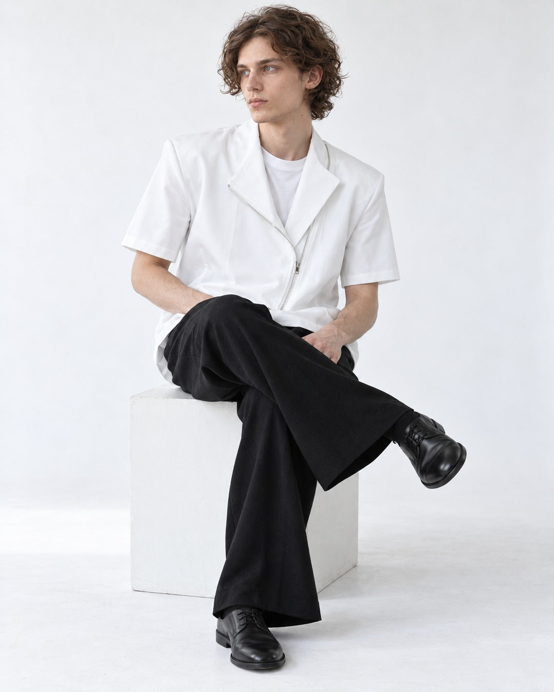 Diagonal-Zip Notch-Lapel Shirt