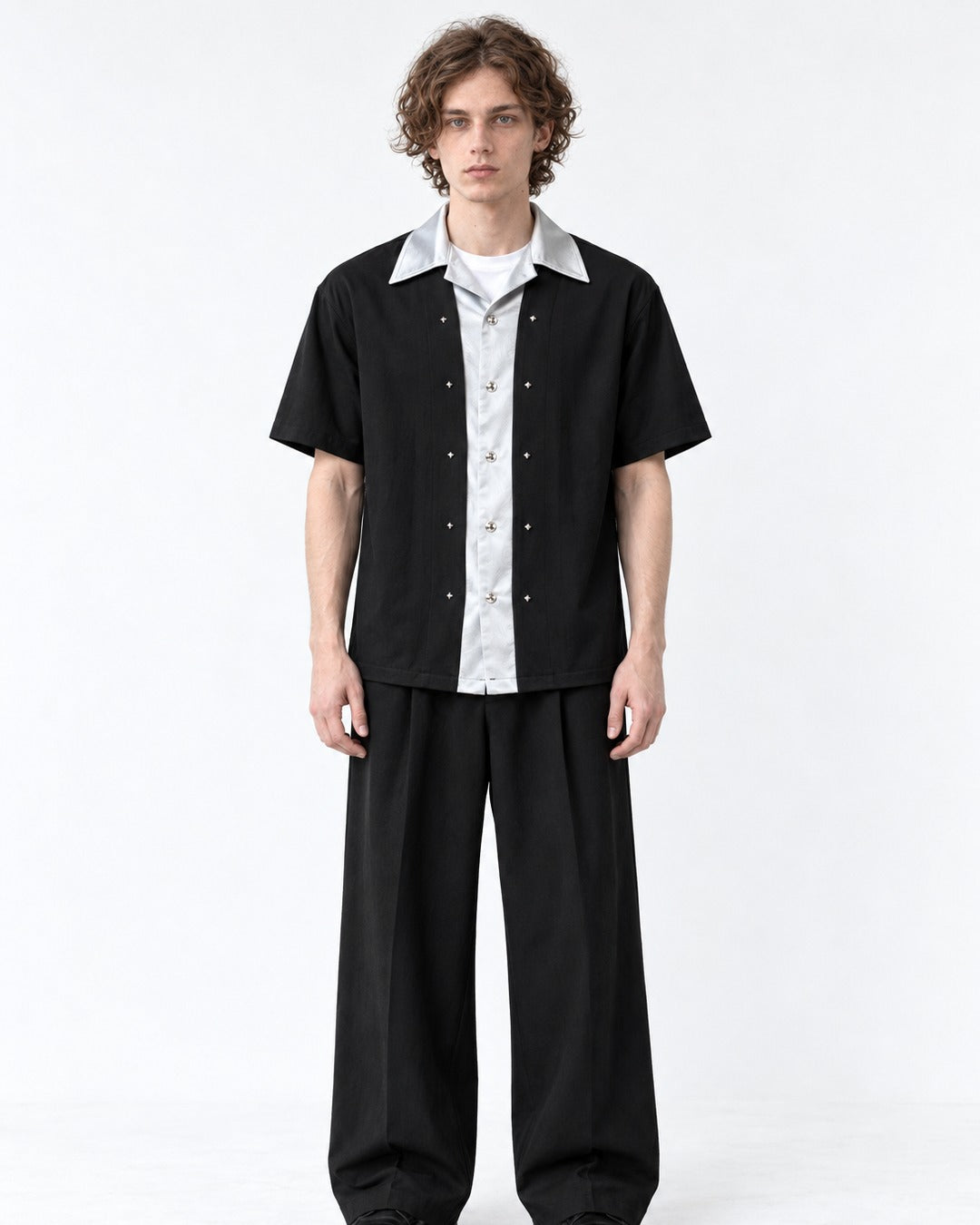 Contrast-Collar Studded Shirt