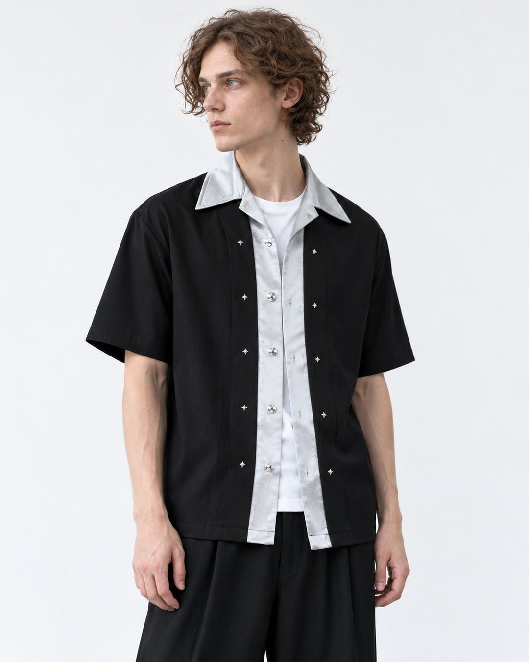 Contrast-Collar Studded Shirt