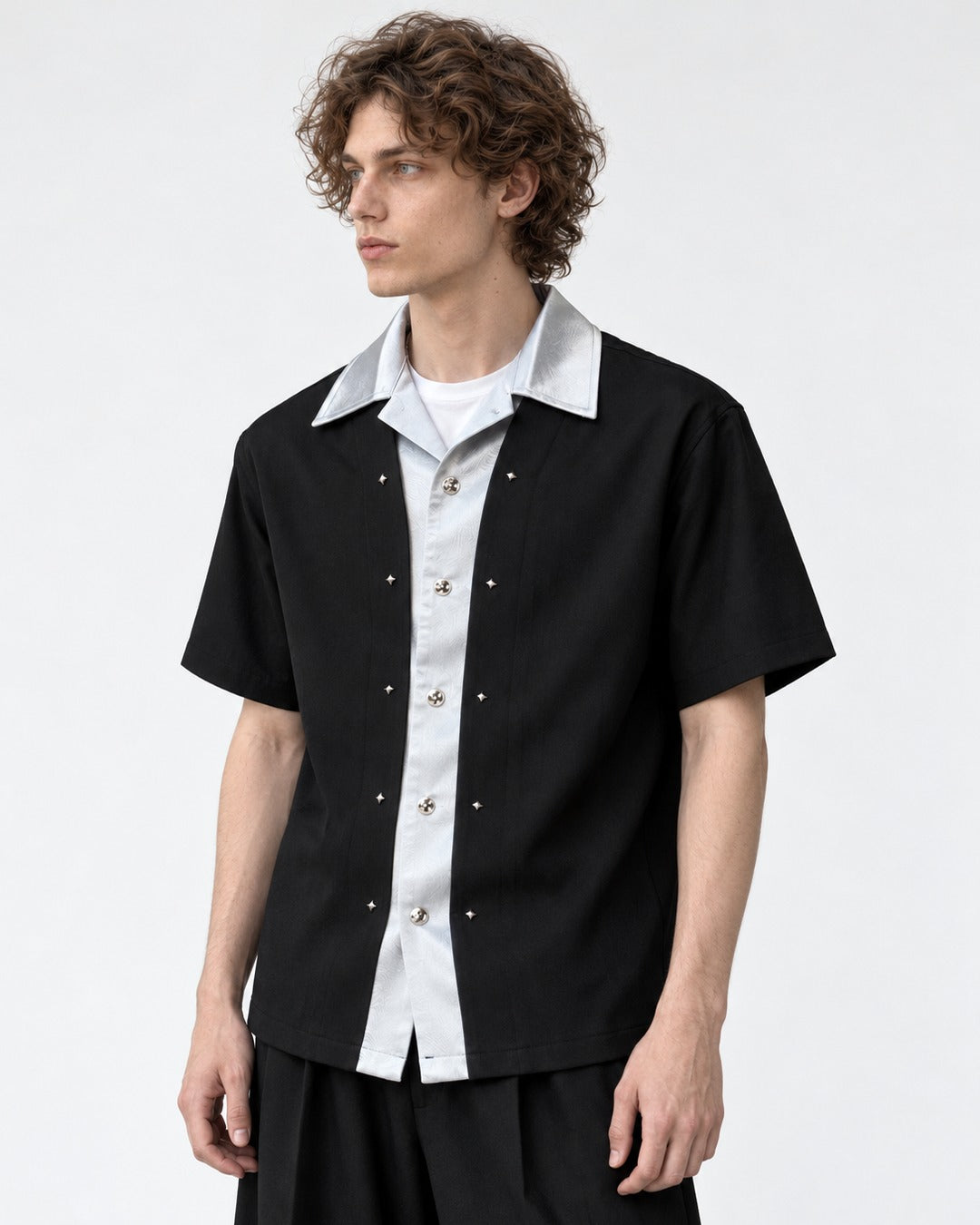 Contrast-Collar Studded Shirt