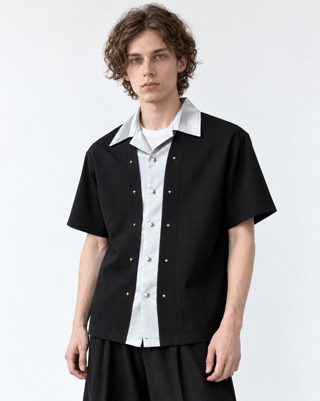 Contrast-Collar Studded Shirt