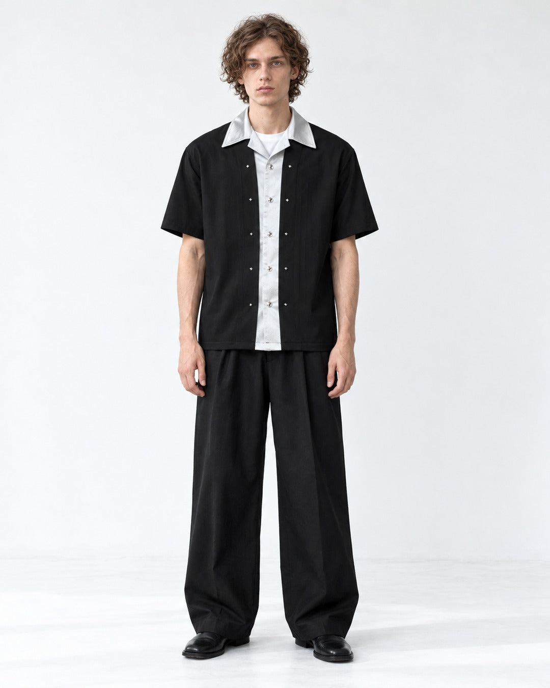 Contrast-Collar Studded Shirt