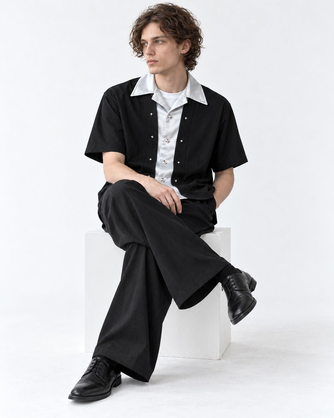Contrast-Collar Studded Shirt