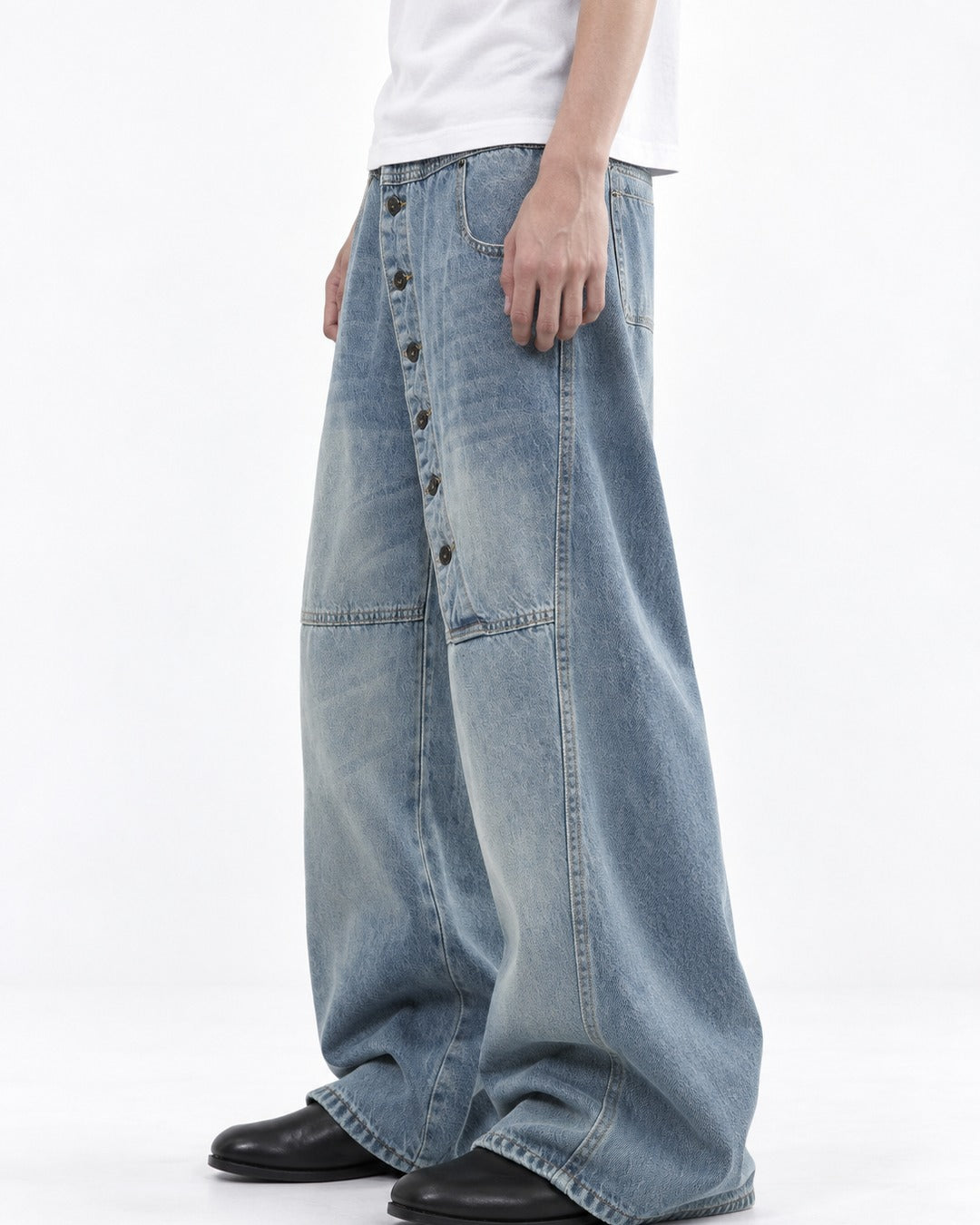 Washed Wide-Leg Jeans with Button Fly