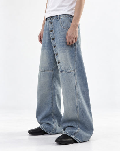 Washed Wide-Leg Jeans with Button Fly