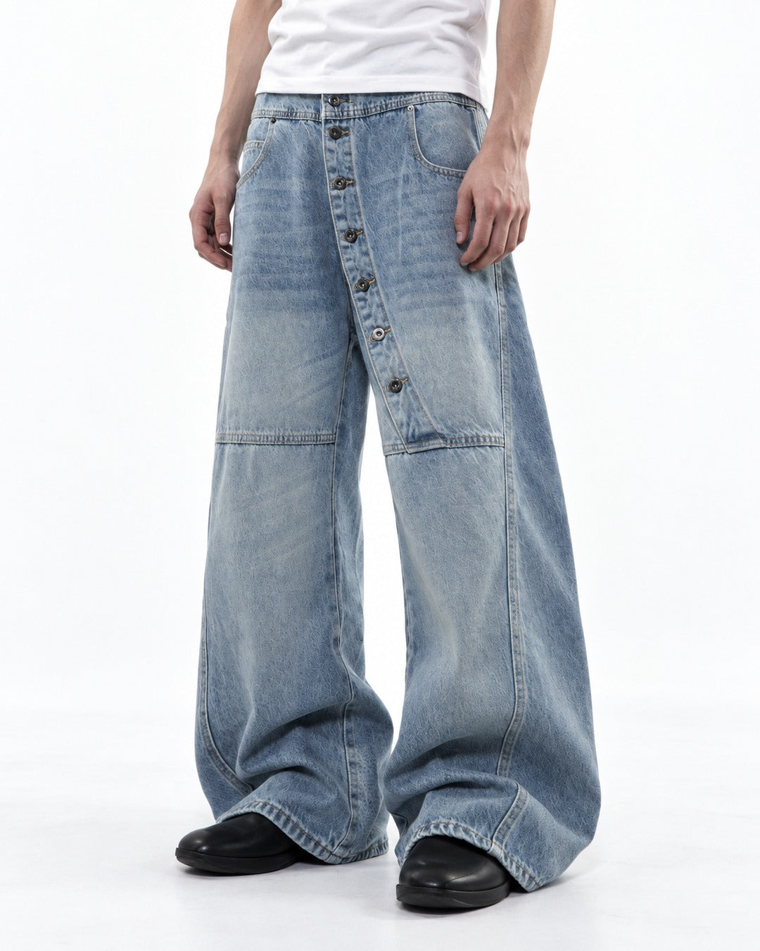 Washed Wide-Leg Jeans with Button Fly
